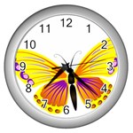 Yellow and Purple Butterfly Wall Clock (Silver)