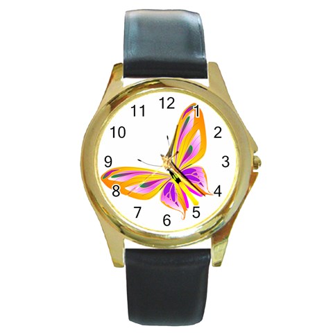 Orange and Purple Butterfly Round Gold Metal Watch from ArtsNow.com Front