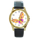 Orange and Purple Butterfly Round Gold Metal Watch