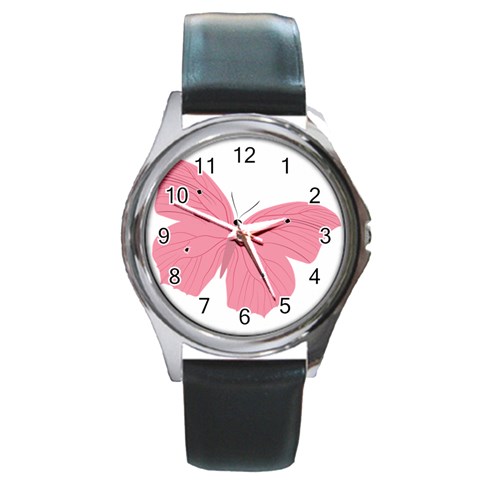 Pink Butterfly Round Metal Watch from ArtsNow.com Front