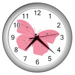 Pink Butterfly Wall Clock (Silver)