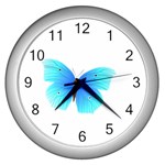 Blue Butterfly Wall Clock (Silver)