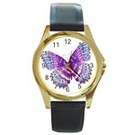 Purple Butterfly Round Gold Metal Watch