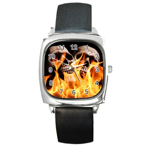 skulls and flames Square Metal Watch from ArtsNow.com Front