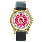 Red Roses Round Gold Metal Watch