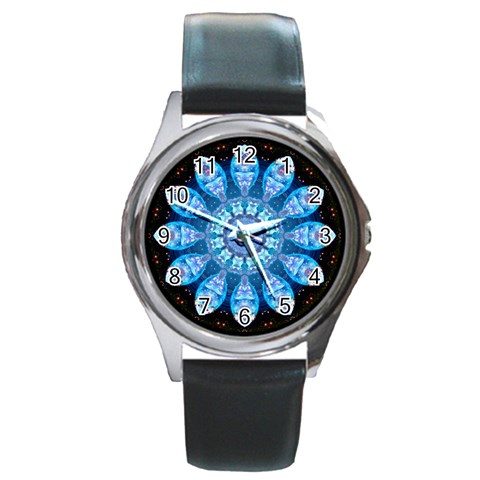 Baby Blue Flower Round Metal Watch from ArtsNow.com Front