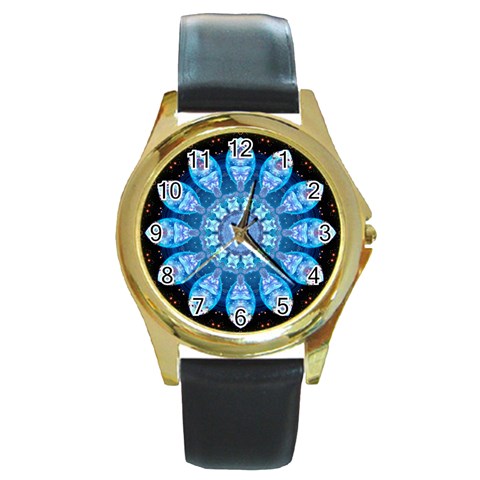 Baby Blue Flower Round Gold Metal Watch from ArtsNow.com Front