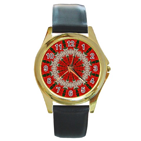 Red Flower Round Gold Metal Watch from ArtsNow.com Front