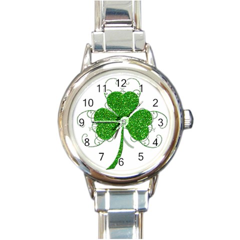 Sparkly Clover Leaves Round Italian Charm Watch from ArtsNow.com Front