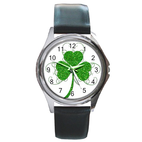 Sparkly Clover Leaves Round Metal Watch from ArtsNow.com Front