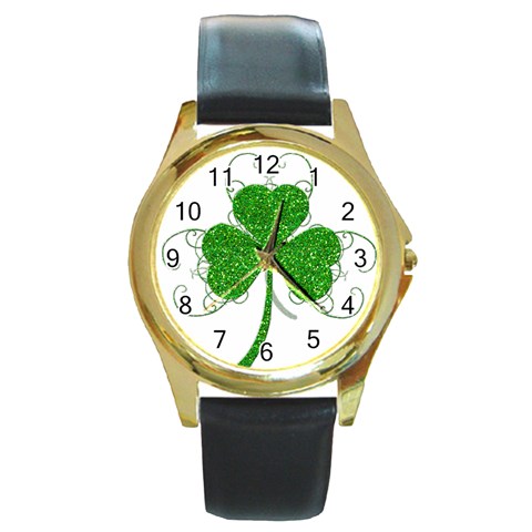 Sparkly Clover Leaves Round Gold Metal Watch from ArtsNow.com Front