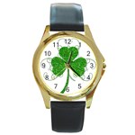 Sparkly Clover Leaves Round Gold Metal Watch