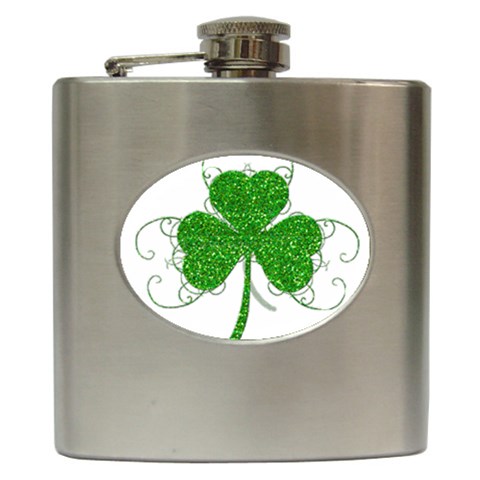 Sparkly Clover Leaves Hip Flask (6 oz) from ArtsNow.com Front