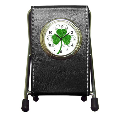 Sparkly Clover Leaves Pen Holder Desk Clock from ArtsNow.com Front