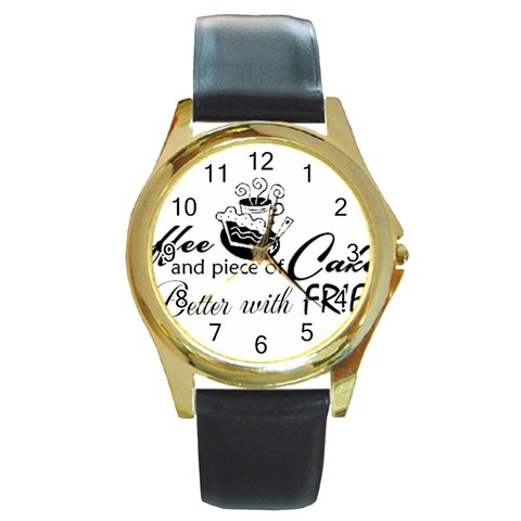 Coffee and Cake Round Gold Metal Watch from ArtsNow.com Front