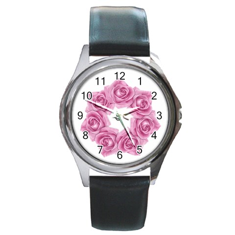 Pink Roses Round Metal Watch from ArtsNow.com Front