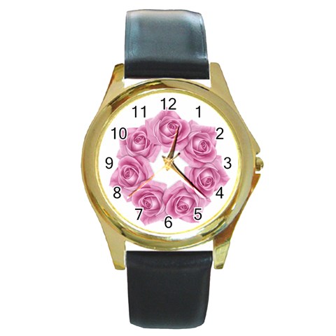 Pink Roses Round Gold Metal Watch from ArtsNow.com Front