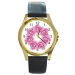 Pink Roses Round Gold Metal Watch