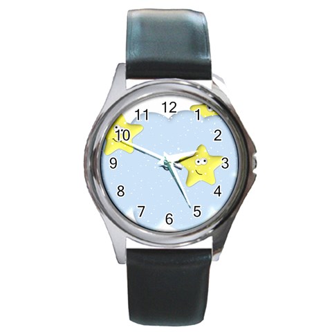 Happy Stars in a Cloud Round Metal Watch from ArtsNow.com Front