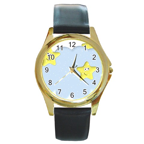 Happy Stars in a Cloud Round Gold Metal Watch from ArtsNow.com Front