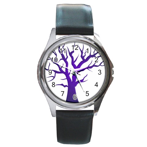 Dark Blue Night Tree Round Metal Watch from ArtsNow.com Front