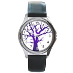 Dark Blue Night Tree Round Metal Watch