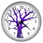 Dark Blue Night Tree Wall Clock (Silver)