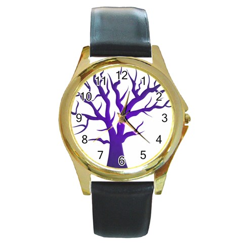 Dark Blue Night Tree Round Gold Metal Watch from ArtsNow.com Front