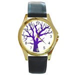 Dark Blue Night Tree Round Gold Metal Watch