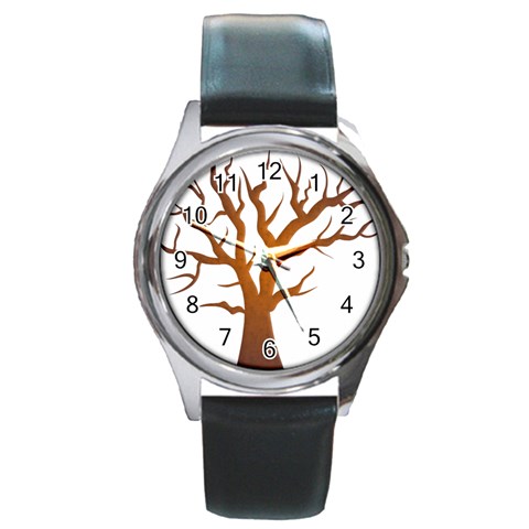 Dark Orange Night Tree Round Metal Watch from ArtsNow.com Front