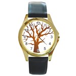 Dark Orange Night Tree Round Gold Metal Watch