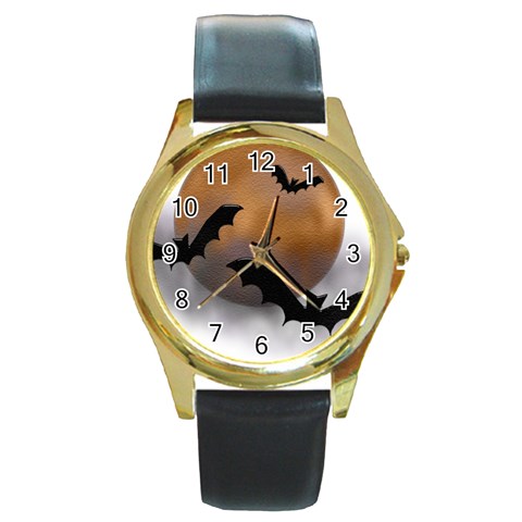 Halloween Orange Moon Round Gold Metal Watch from ArtsNow.com Front