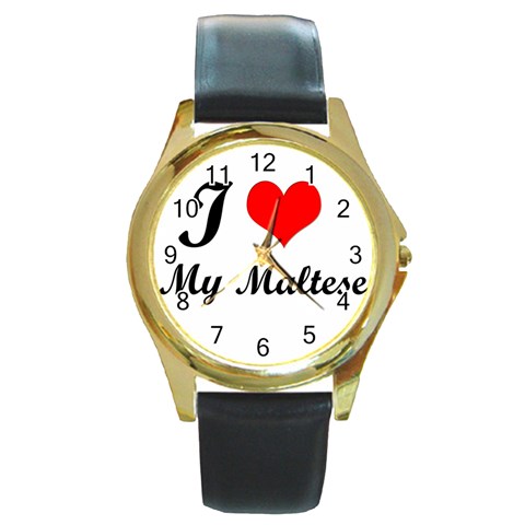 I Love My Maltese Round Gold Metal Watch from ArtsNow.com Front