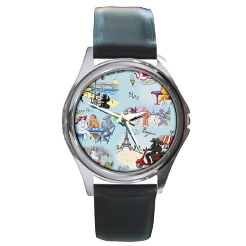 Poodles in Paris Round Metal Watch from ArtsNow.com Front