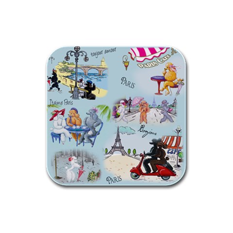 Poodles in Paris Rubber Square Coaster (4 pack) from ArtsNow.com Front