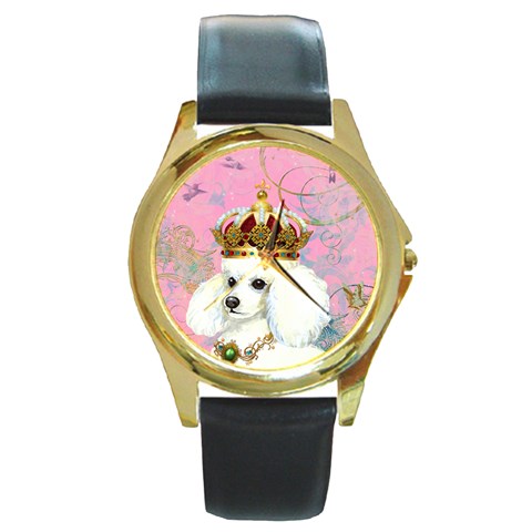 White Poodle Princess Round Gold Metal Watch from ArtsNow.com Front