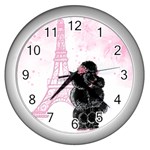 Black Poodle Eiffel Tower in Pink Wall Clock (Silver)