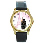 Black Poodle Eiffel Tower in Pink Round Gold Metal Watch