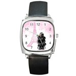 Black Poodle Eiffel Tower in Pink Square Metal Watch