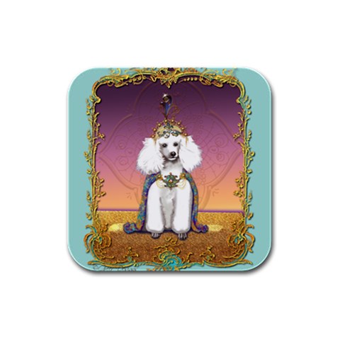 White Poodle Prince Rubber Square Coaster (4 pack) from ArtsNow.com Front