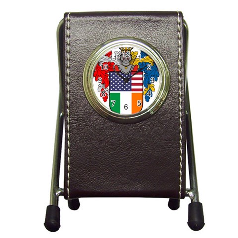 Half Irish American Crest (2) Pen Holder Desk Clock from ArtsNow.com Front