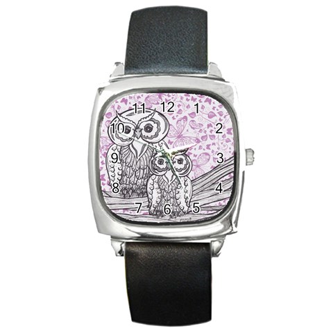 Owls and Butterflies 2 Square Metal Watch from ArtsNow.com Front