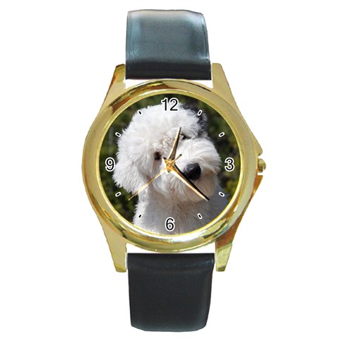 Old English Sheepdog Round Gold Metal Watch from ArtsNow.com Front