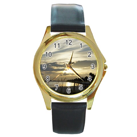 Beach Volleyball Round Gold Metal Watch from ArtsNow.com Front