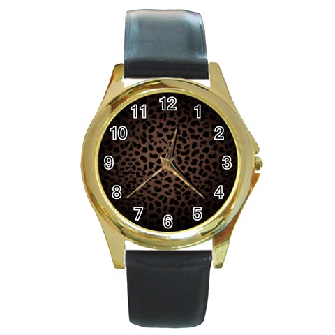 Leopard Print Dark	 Round Gold Metal Watch from ArtsNow.com Front