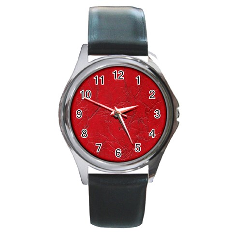 Leather Look & Skins Cracked Red Leather Round Metal Watch from ArtsNow.com Front