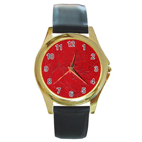 Leather Look & Skins Cracked Red Leather Round Gold Metal Watch from ArtsNow.com Front