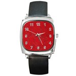 Leather Look & Skins Cracked Red Leather Square Metal Watch