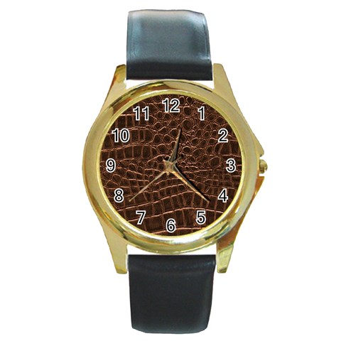 Leather Look & Skins Brown Crocodile Round Gold Metal Watch from ArtsNow.com Front