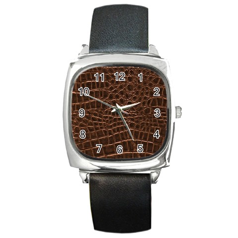 Leather Look & Skins Brown Crocodile Square Metal Watch from ArtsNow.com Front